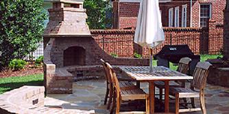 brick fireplace with curved benches
