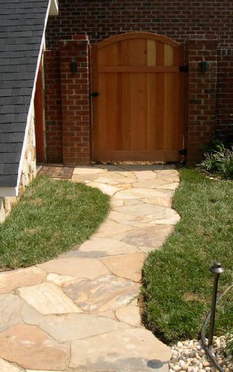 stone walkway, custom wooden gate