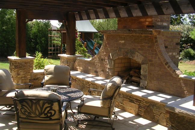 outdoor fireplace, mantle, limestone cap, pergola